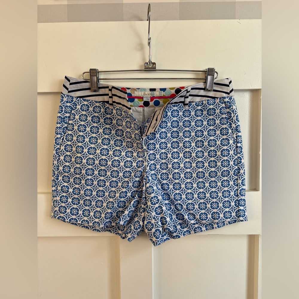 Boden Blue and White Geometric Print Women's Shorts with Striped Waistband 4